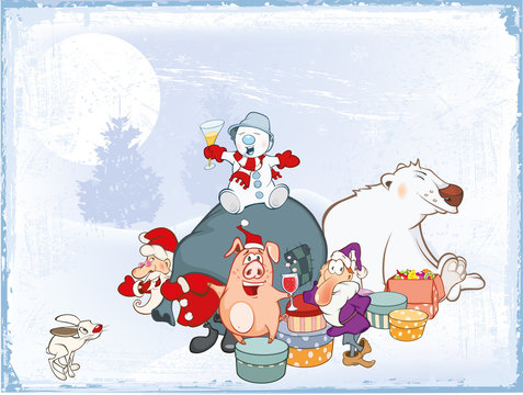 Vector Illustration of a Santa Claus and his Helpers  Cartoon