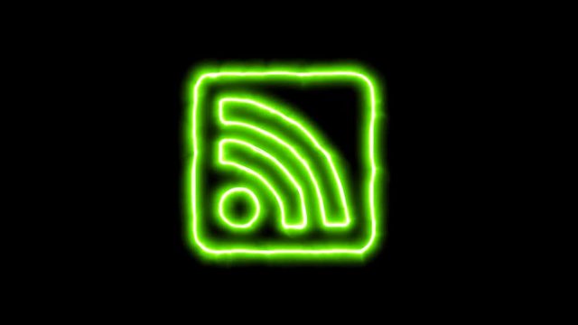 The appearance of the green neon symbol rss square. Flicker, In - Out. Alpha channel Premultiplied - Matted with color black