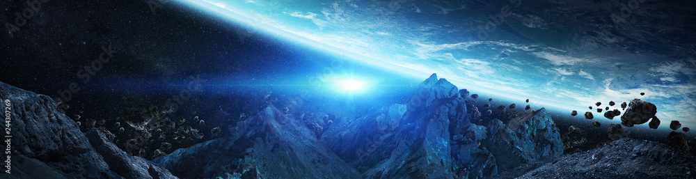 Poster panorama of distant planet system in space 3d rendering elements of this image furnished by nasa