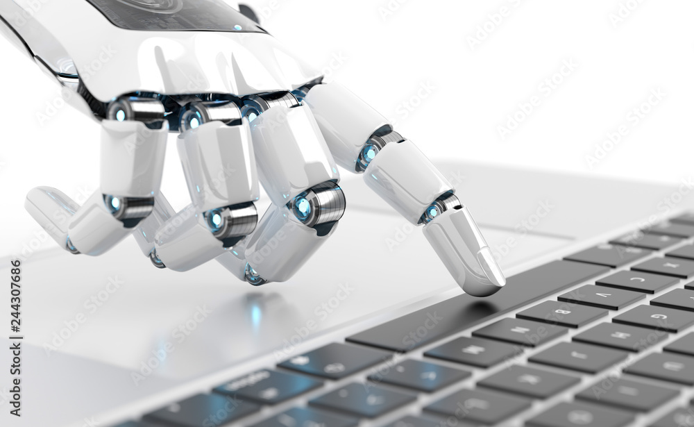 Fototapete white robot cyborg hand pressing a keyboard on a laptop 3d rendering
