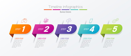 Timeline infographics design vector and business icons with 5 options.