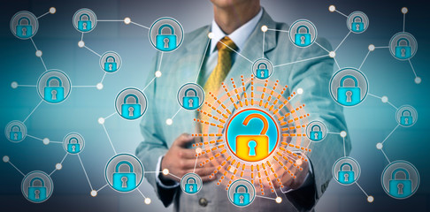 Torso Of Manager Opening One Lock In Network