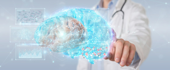 Doctor using digital brain scan hologram 3D rendering - obrazy, fototapety, plakaty