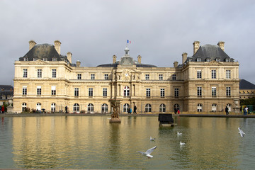 Paris / France - October 29 / 2017: Front view of Luxembourg palace and the birds flying over the...