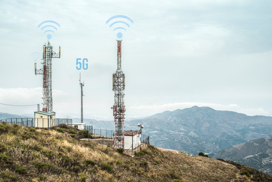 5G antennas and GSM transmitters. Concept for high speed 5G internet - a cell tower with three anten