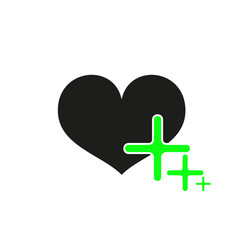 Black heart with green plus on white background. Vector eps10