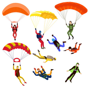 Set of parachutists involved in dangerous sports making jumps in the sky with a parachute. Extreme sport.
