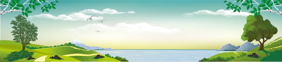 Panorama of nature - the rising of the sun on earth. Mountain, river, and hills with trees.