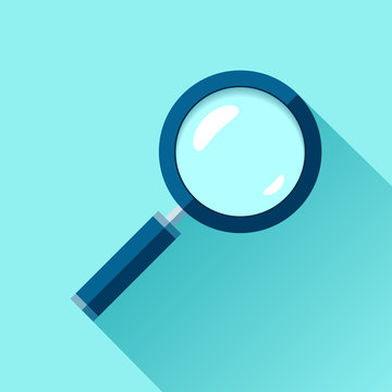 Magnifying glass icon in flat style. Search loupe on color background. Vector design object for you business project 
