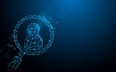 Magnifying glass with human icon form lines, triangles and particle style design. Illustration vector