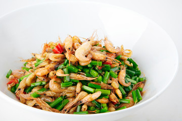 Delicious Chinese cuisine, fried prawn with chives