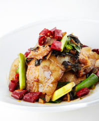 Delicious Chinese Sichuan cuisine, spicy stir-fried pork with fried pork