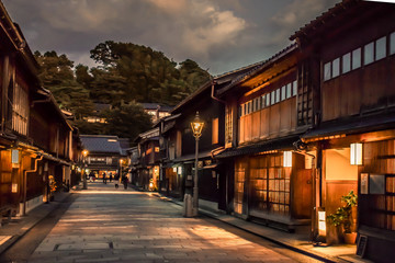 Traditional Japanese street with old wooden houses in Kanazawa Japan