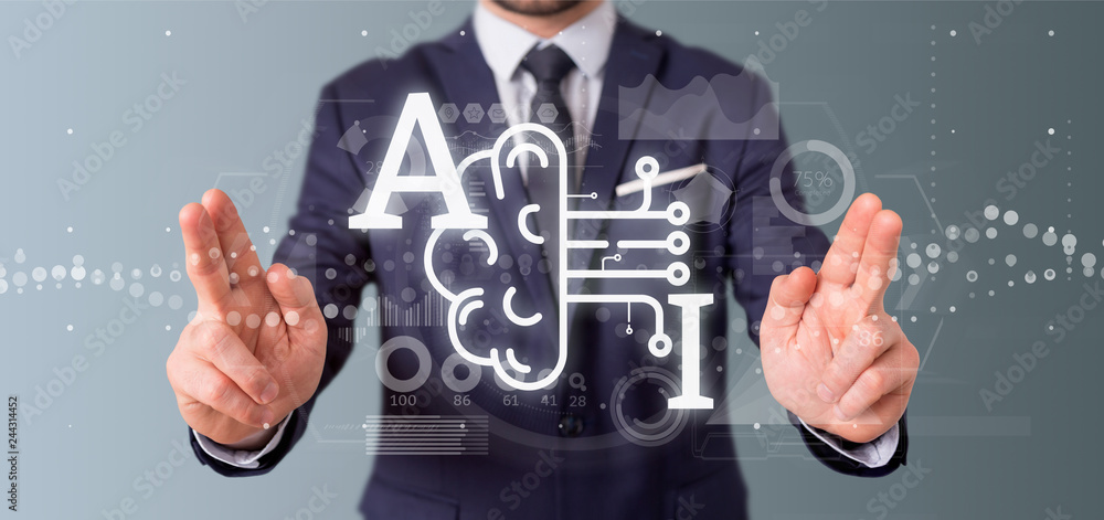 Poster business man holding artificial intelligence icon with half brain and half circuit 3d rendering