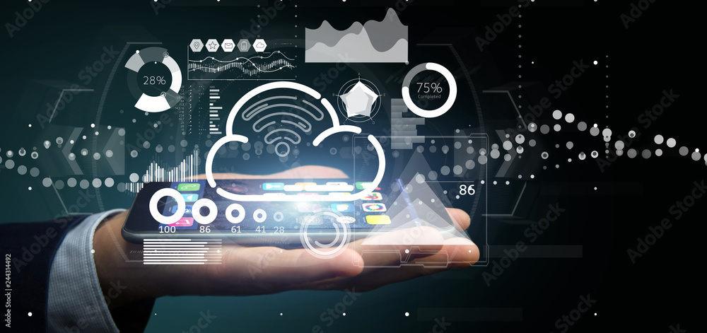 Poster businessman holding cloud and wifi concept with icon, stats and data 3d rendering