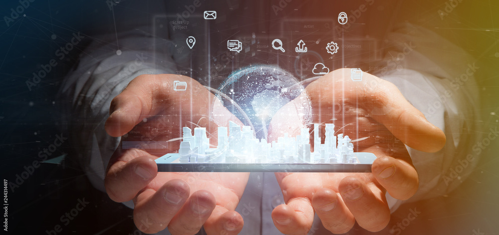 Poster businessman holding smart city user interface with icon, stats and data 3d rendering