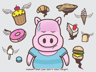 pig think loss weight and dessert,vector dessert,doodle style