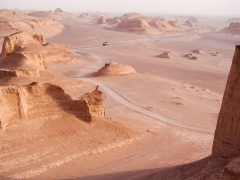 View from a stone formation into the Kalut Shahdad Desert, Kaluts, Shahdad, Iran