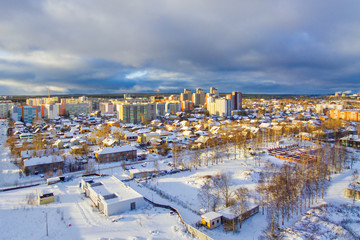 New houses squeeze out old historic buildings, aerial view