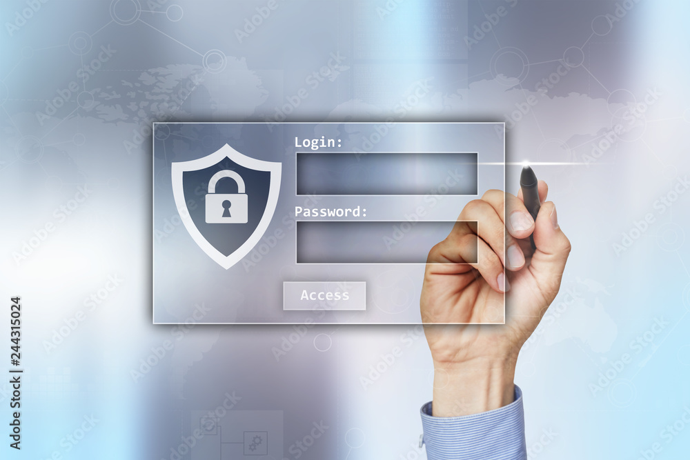 Poster access windows with login and password. cybersecurity and data protection concept on virtual screen.