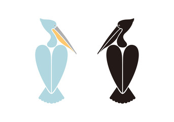 Color and black flat graphic icon or logo of a large water bird pelican. Symbol, character, vintage vector illustration, isolated on background for design, label, sticker, emblem, identity.