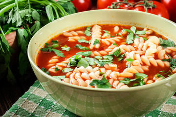 Tomato soup noodles in the bowl