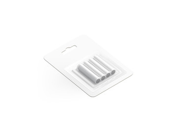 Blank white power battery in pack mockup, isolated, 3d rendering. Empty aa batery kit mock up, side...