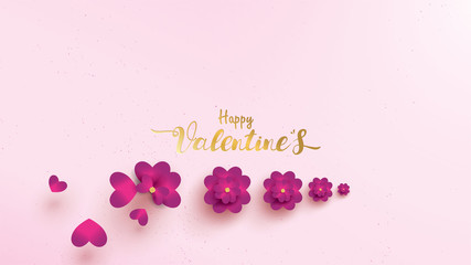 Happy Valentines Day greeting card with pink and purple flower rose shape horizontal or landscape. floral background concept suitable for copy space text, invitation, posters, brochure, banners