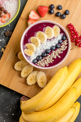 health, body care. yoghurt from fresh ingredients on the cutting board. break