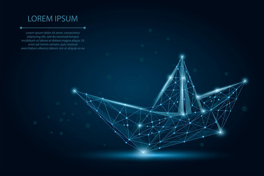 Polygonal wireframe mesh Origami boat on dark blue night sky with dots lines and stars. Vector Paper ship illustration