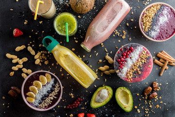 morning with healthy yogurt. smoothie with muesli. top view photo