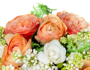 Elite spring bouquet with mimosa and other flowers, close up on a white background