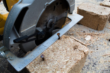 A saw that was used to split the wood into two pieces 