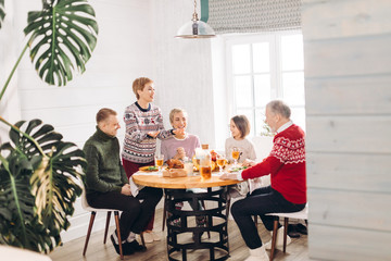 cheerful attractive woman offers tasty meal to her relatives. people are sitting at appetizing table