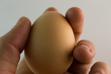 Beige egg lies in the left hand of a man close up