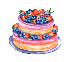 Watercolor yellow-pink cake with berries. Illustration isolated on a white background. For greeting postcard, poster for cafe and pastry shop. Pie with strawberry, currant, blueberries.