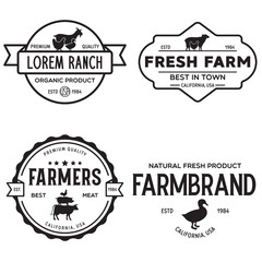 Obraz premium Farmers market logo templates stamps labels badges set. Trendy retro style logotypes, farm natural organic products food, animals, beef, goat, hen and pig silhouettes.