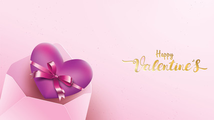 Happy Valentines Day greeting card with pink envelope and purple heart. Gold valentine ribbon concept text suitable for banner, poster, advertising and promotion background