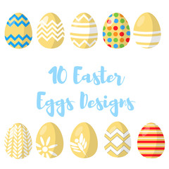 Happy Easter. Set of 10 yellow Easter eggs with different texture on a white background. Concept of Spring holiday.