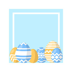 Happy Easter. Set of Easter eggs with different texture on lightblue background. Concept of Spring holiday.