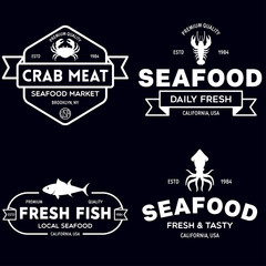 Seafood restaurant logos set vector illustration. Market and fisherman emblems, fishes and seafood silhouettes.