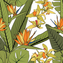 Bright tropical summer greenery floral seamless pattern. Exotic strelitzia bird of paradise orchid phalaenopsis flowers.