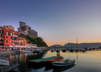 Fototapeta na wymiar View of the harbor in Lerici, Italy.