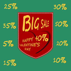 Valentines day big sale background, poster template. Red abstract background with hearts ornaments. February 14.Vector illustration.
