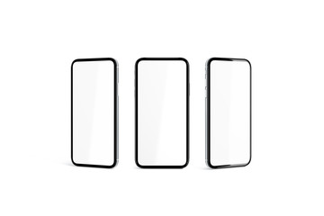 Blank white screen in black phone frame mockup set, isolated, 3d rendering. Empty mobile model mock up, front and side view. Clear digital slim telephone design template.