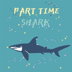 vector shark silhouette with fish and stars isolated on green background, symbols, icon, design elements. shark symbols, design elements
