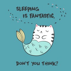 Cute Vector illustration with anime kawaii sleeping cat. With lettering sleeping is fantastic, don't you think. Fashion print for pajamas or t shirt. Good night