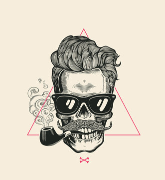 Sailor Cool Skull Smoke Pipe Vector T-Shirt Print. Modern Mustache Skeleton Face in Sunglasses. Urban Style Hair Geometric Poster. Monochrome Hipster Head Black Silhouette