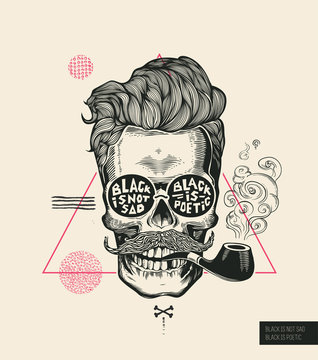 Hipster Hair Skull Smoke Pipe Vector Poster Print. Modern Mustache Skeleton Face Portrait in Sunglasses. Urban Typography Stylish Geometric Banner. Monochrome Sailor Head Black Tattoo.