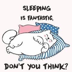 Cute Vector illustration with anime kawaii sleeping cat. With lettering sleeping is fantastic, don't you think. Fashion print for pajamas or t shirt. Good night